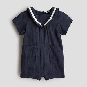 H&M Organic Muslin Romper Suit Sailor Collar Baby Boy Toddler Sz 12mo NWT